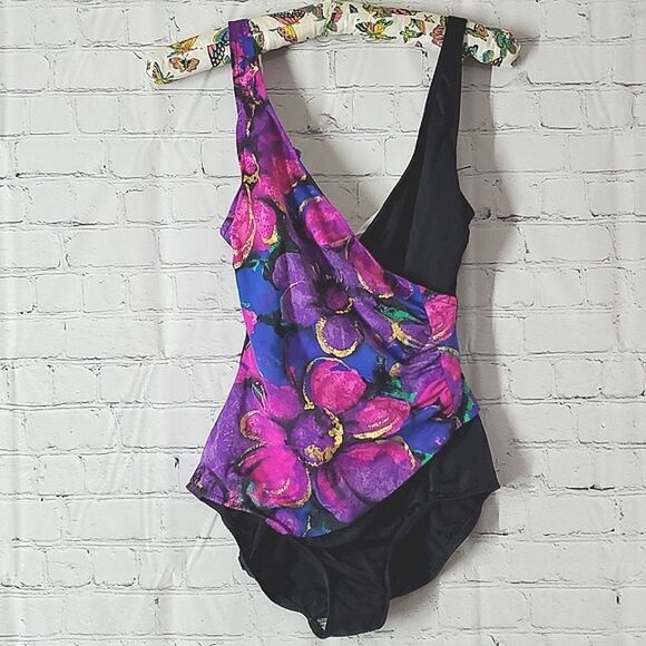 Vintage True Authentic 90s Vibrant Floral Monokini Swimsuit USA Made Size 14 - Picture 1 of 16